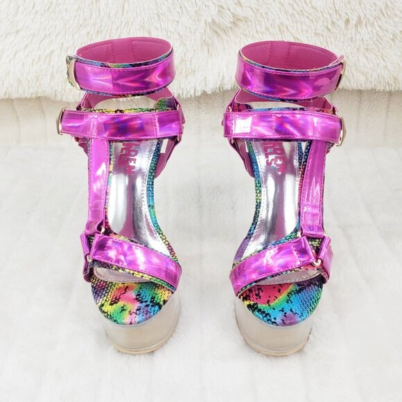Bulls Rainbow Snake Fuchsia Hologram Harness Strap Clear Platform Shoe - Picture 10 of 17